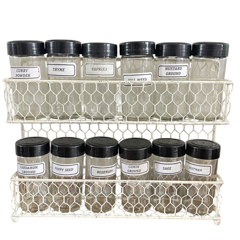 Vtg Metal Wire Basket Wall Mount 12 Spice Rack Cottage‎ Storage Farmhouse Boho